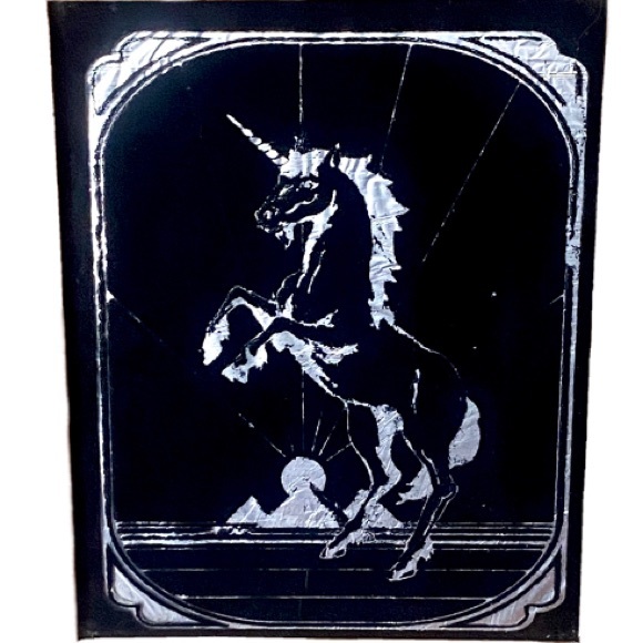 Vintage Unicorn Fantasy Carnival Glass Foil Art Novelty Picture Wood Framed 80s - Picture 2 of 6